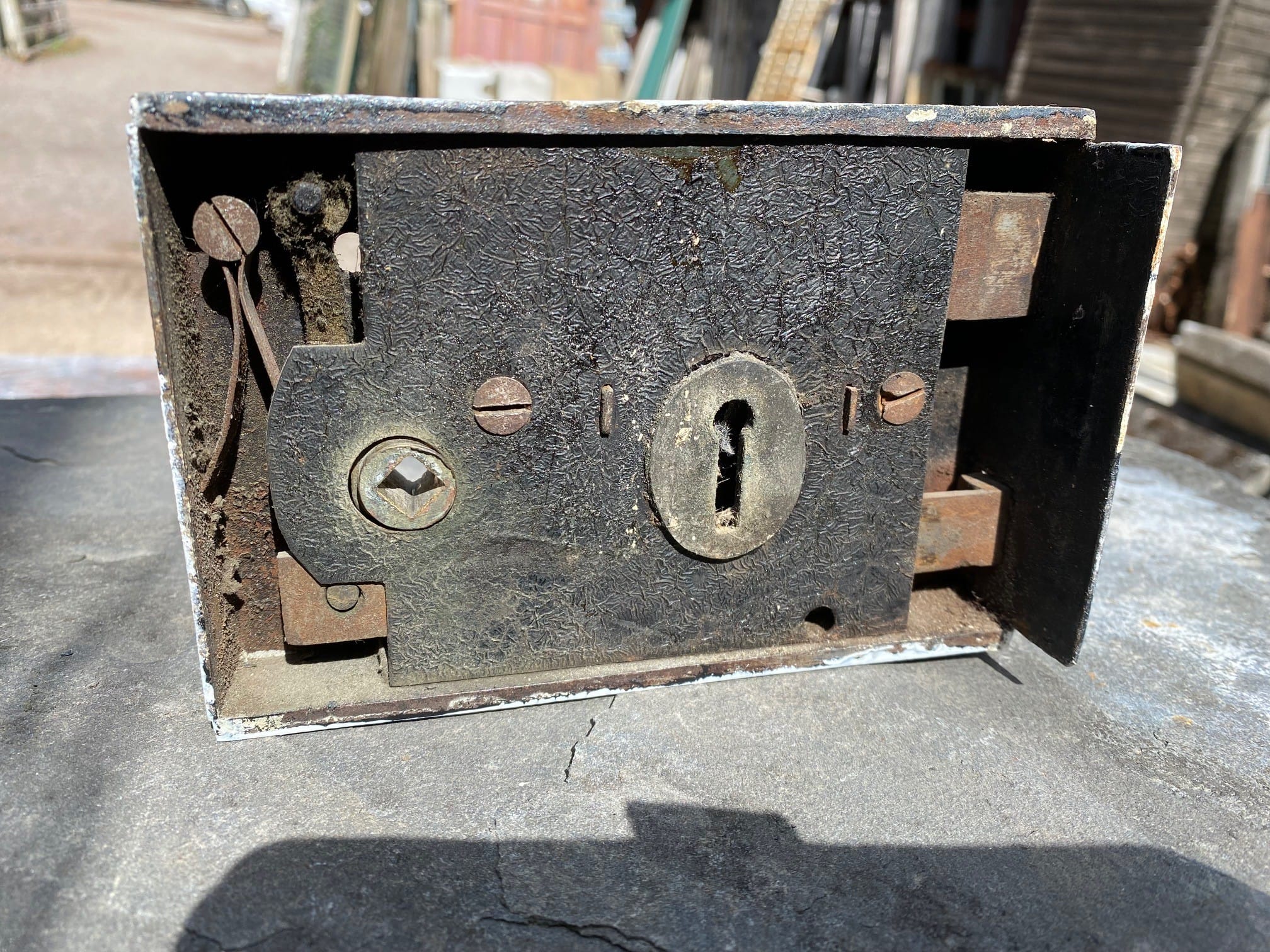 Antique Iron Rim Lock - Best Reclamation Rear View Of A Vintage Cast Iron Door Rim Lock.