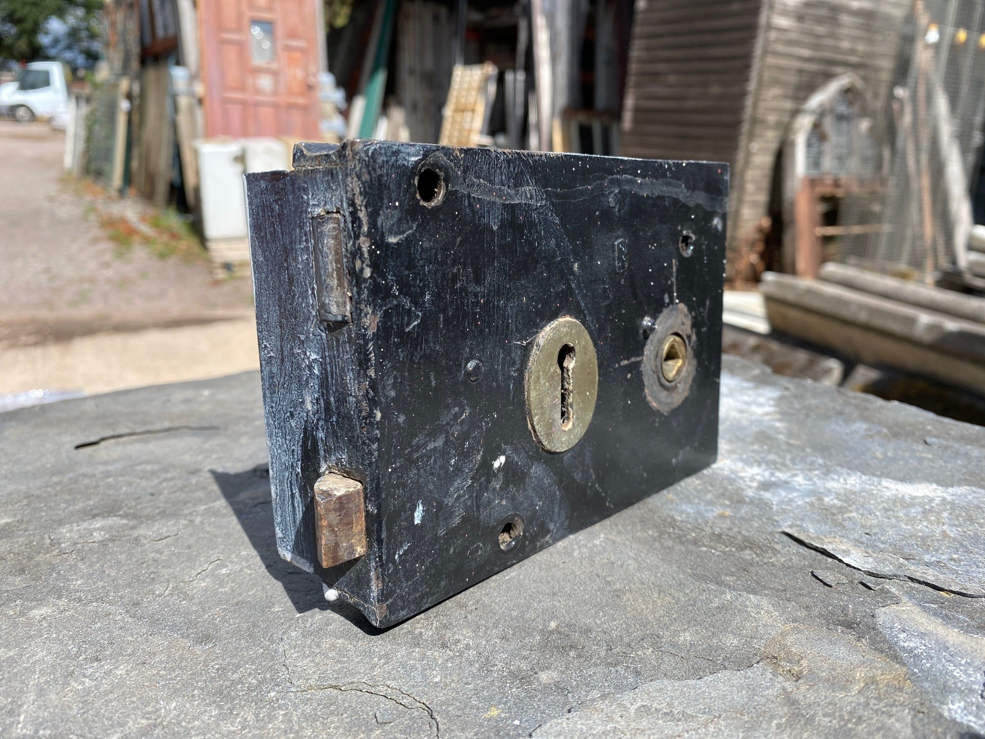 Antique Iron Rim Lock - Best Reclamation A Side View Of A Reclaimed Rim Lock Showing The Latch.